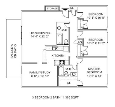 Floor plan for 3 beds, 2 baths, 1360 sqft